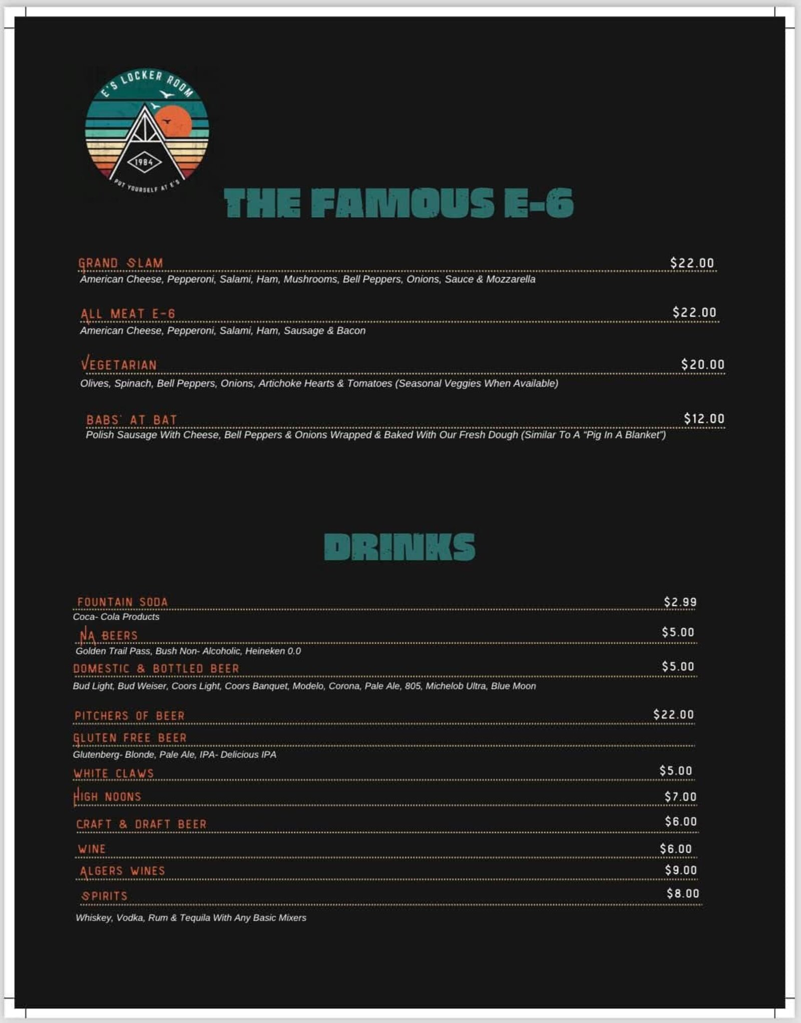 Menu page three: The Famous E-6 pizzas and the drinks list at E's Locker Room.