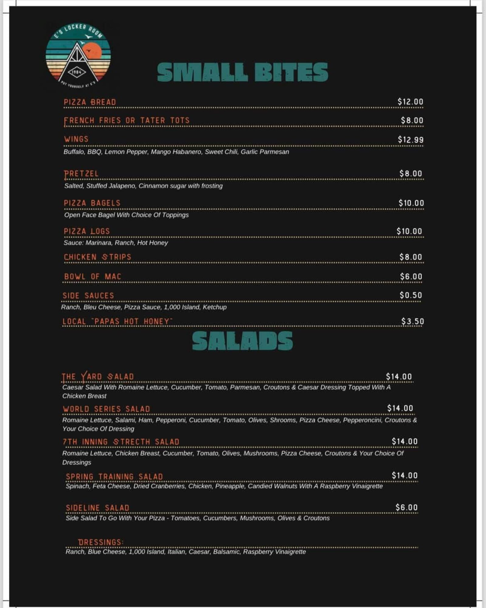 Menu page two: small bites including wings, pizza bread and pretzels, plus the salad list.